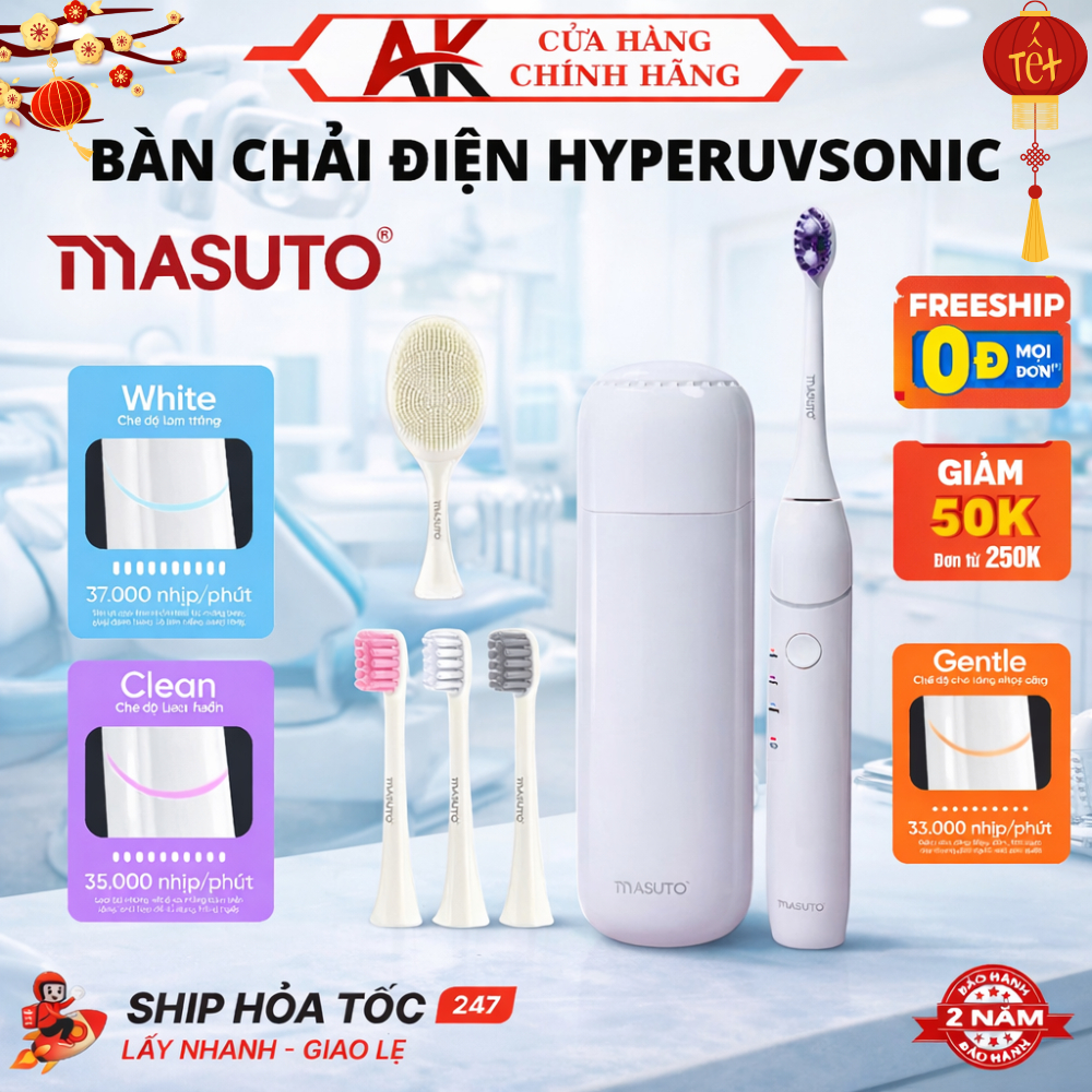 Bàn Chải Đánh Răng Điện HyperUVsonic MASUTO Giúp Trắng Răng, Sạch Mảng Bám, Bảo Hành 2 Năm