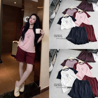 Bộ ngủ cotton Yalin áo cộc tay phối màu hình mickey + quần sooc bèo #8077