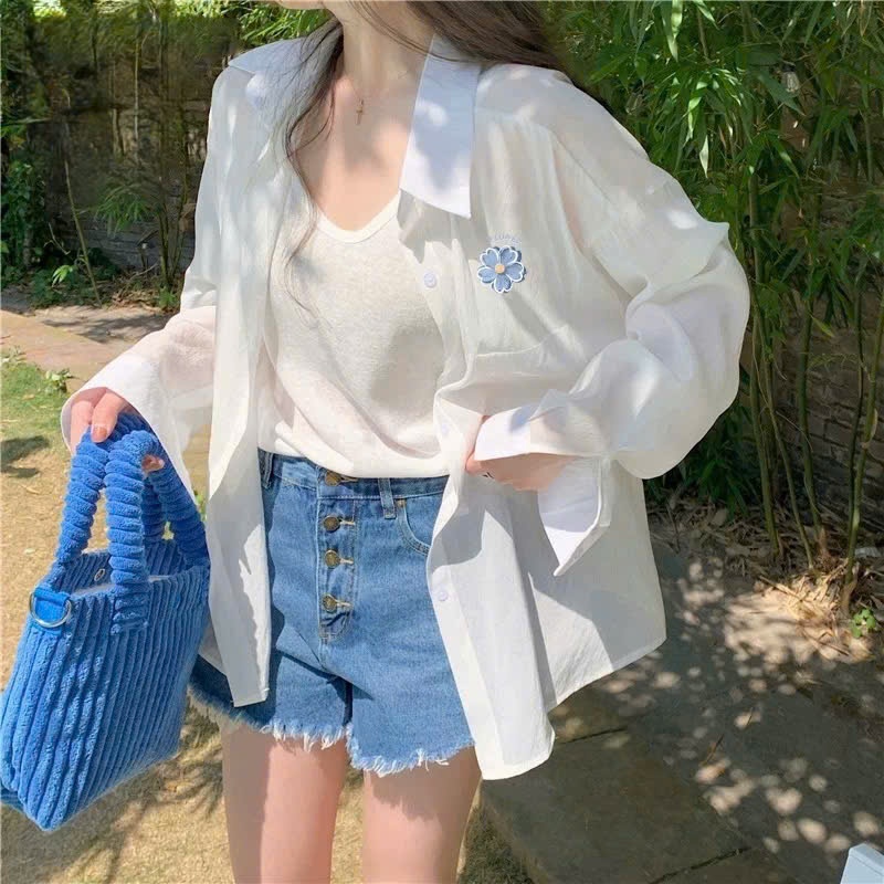 Áo Sơmi hoa cúc HAZEE form rộng vải lụa mềm mịn Unisex, Áo sơ mi nữ dài tay form chuẩn Hàn Quốc