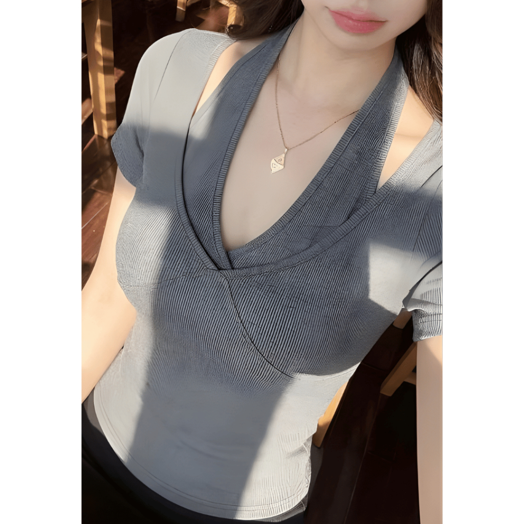 Áo Thun Nữ Cổ Tim Phối Yếm Tay Ngắn Tôn Ngực Ôm Body Thun Gân Tăm Bigsize 45-85kg ESHOP MS591