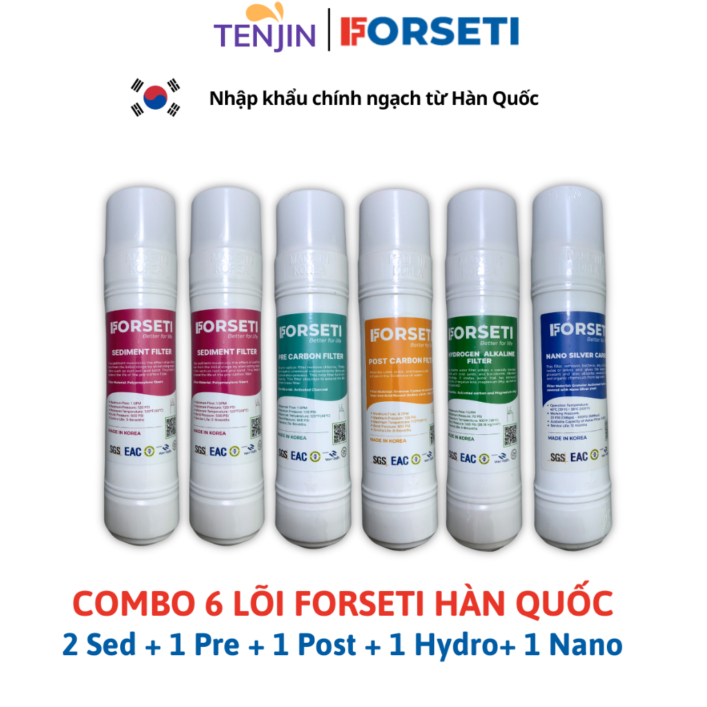 Combo 7 Lõi Lọc FORSETI Gồm 2 Sediment ,1 Pre , RO ,Post , Hydrogen Alkaline,1 Nano Silver Model WPK-902