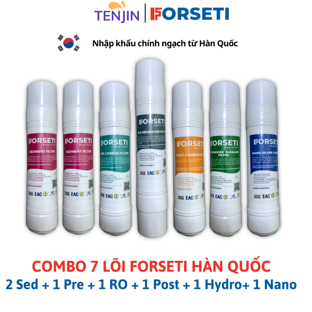Combo 7 Lõi Lọc FORSETI Gồm 2 Sediment ,1 Pre , RO ,Post , Hydrogen Alkaline,1 Nano Silver Model WPK-902