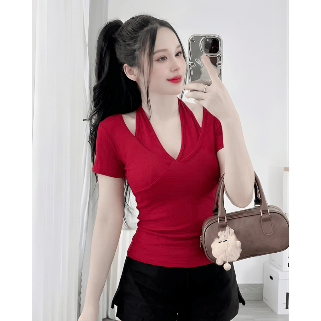 Áo Thun Nữ Cổ Tim Phối Yếm Tay Ngắn Tôn Ngực Ôm Body Thun Gân Tăm Bigsize 45-85kg ESHOP MS591