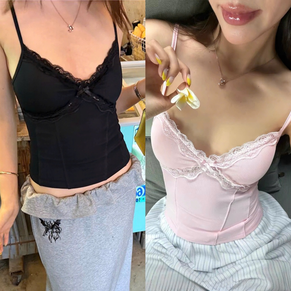 Áo hai dây viền ren hồng pastel và đen nơ ngực sẵn mút nữ tính gân eo co giãn AHD016 - Tiktik