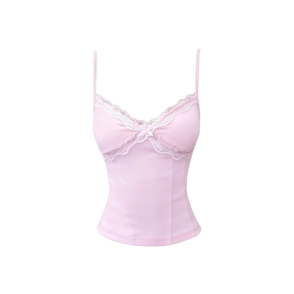 Áo hai dây viền ren hồng pastel và đen nơ ngực sẵn mút nữ tính gân eo co giãn AHD016 - Tiktik