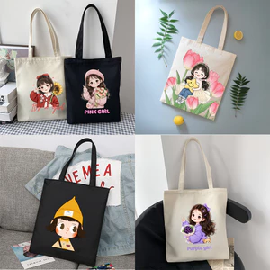 Túi vải tote hình cô gái có khóa kéo,ngăn phụ,túi tote đeo vai girl baby đi du lịch đi chơi đựng vừa A4 35x40cm tota0308