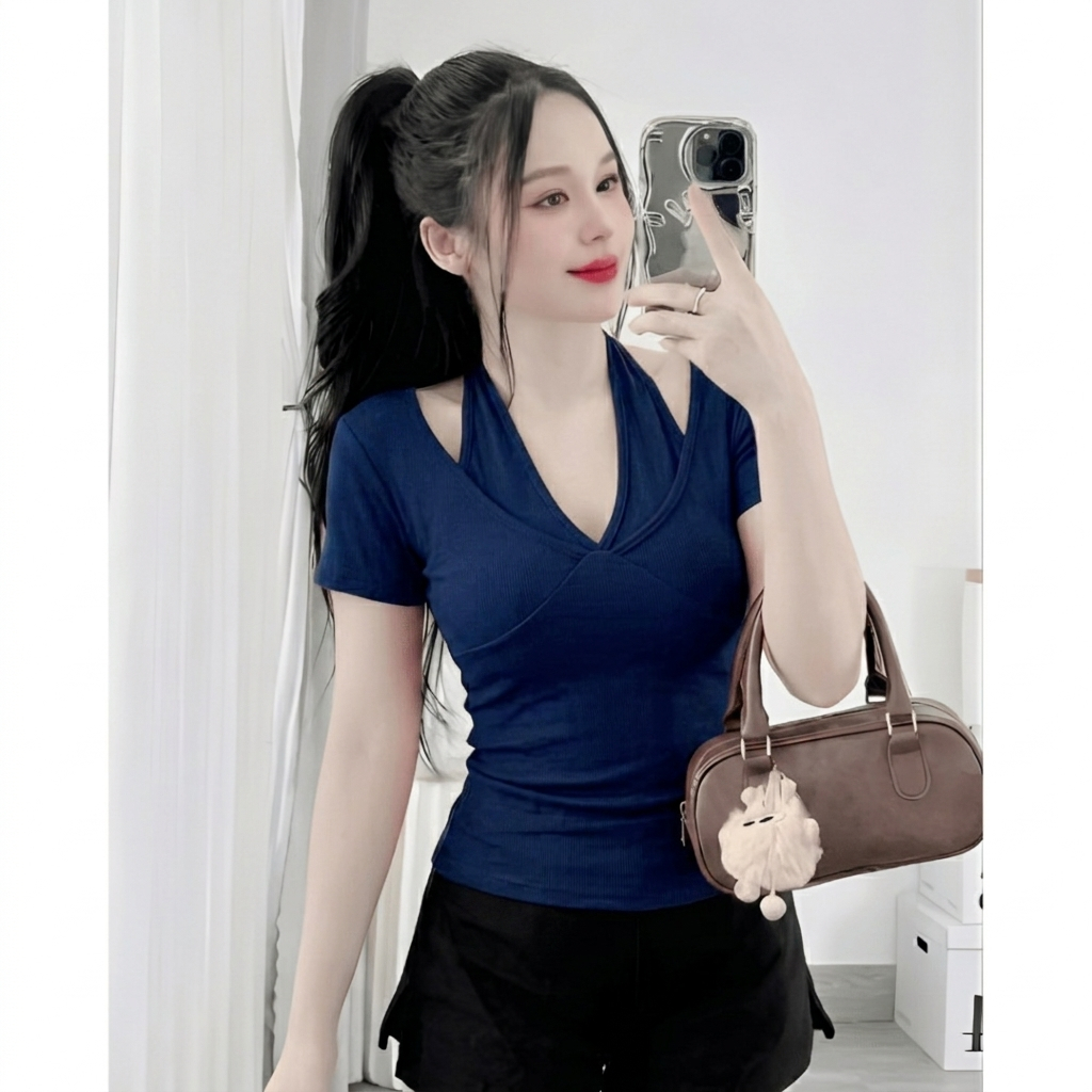 Áo Thun Nữ Cổ Tim Phối Yếm Tay Ngắn Tôn Ngực Ôm Body Thun Gân Tăm Bigsize 45-85kg ESHOP MS591