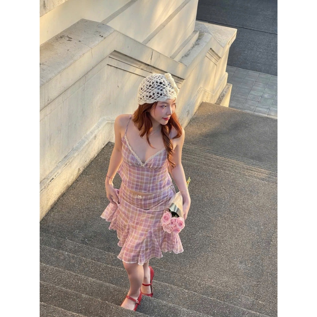 Set Áo 2 Dây Hở Lưng Cúp Ngực Viền Ren Caro Kèm Chân Váy Midi Đuôi Cá Đi Biển SAN Clothings - P194