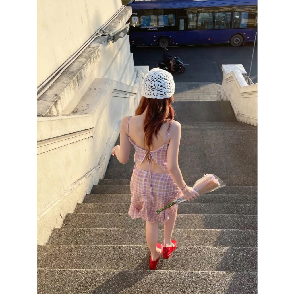 Set Áo 2 Dây Hở Lưng Cúp Ngực Viền Ren Caro Kèm Chân Váy Midi Đuôi Cá Đi Biển SAN Clothings - P194