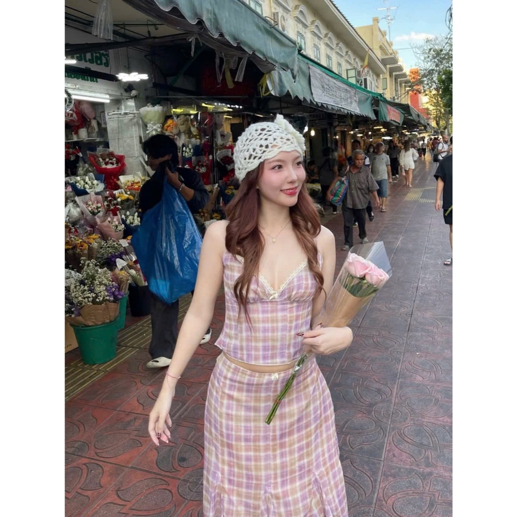 Set Áo 2 Dây Hở Lưng Cúp Ngực Viền Ren Caro Kèm Chân Váy Midi Đuôi Cá Đi Biển SAN Clothings - P194