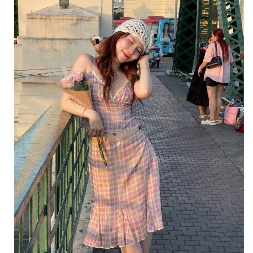 Set Áo 2 Dây Hở Lưng Cúp Ngực Viền Ren Caro Kèm Chân Váy Midi Đuôi Cá Đi Biển SAN Clothings - P194