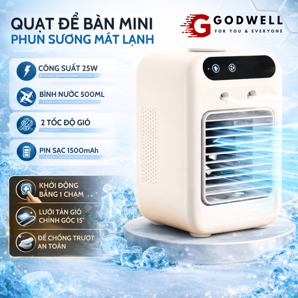 [THẺ TRÚNG THƯỞNG] Quạt Điều Hòa Phun Sương Tích Điện Mini 500ml, 2 Tốc Độ Gió, Phun Sương Siêu Mát