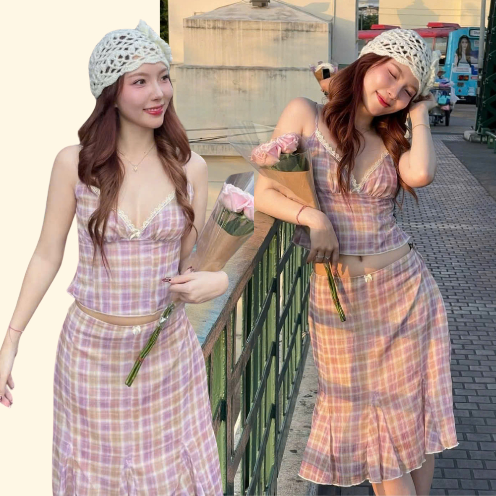 Set Áo 2 Dây Hở Lưng Cúp Ngực Viền Ren Caro Kèm Chân Váy Midi Đuôi Cá Đi Biển SAN Clothings - P194