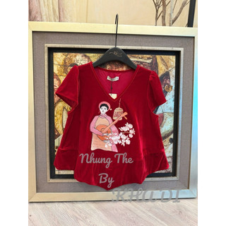 Áo nhung the cộc tay cổ tim thêu hình Thiếu nữ chơi đàn nguyệt