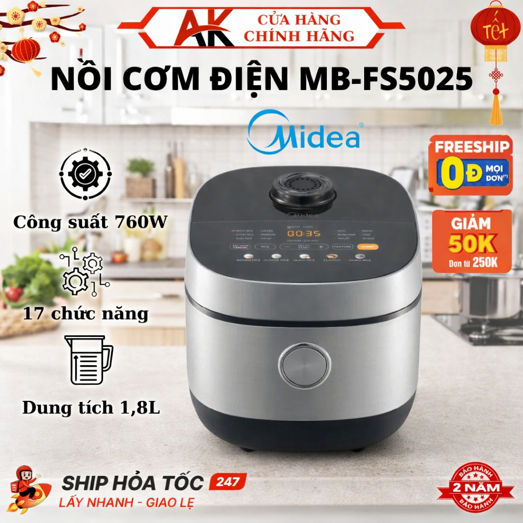 Nồi Cơm Điện Tử Midea MB-FS5025 Có Dung Tích 1.8 Lít, Công Suất 760W, Nhiều Chức Năng Tiện Lợi