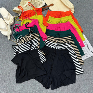 Đồ Bộ Bigszie nữ Áo Croptop Hai Dây Sợi Bún Quần Short Lưng Chun Có Túi Vải Thun Gân Co Giãn SET19