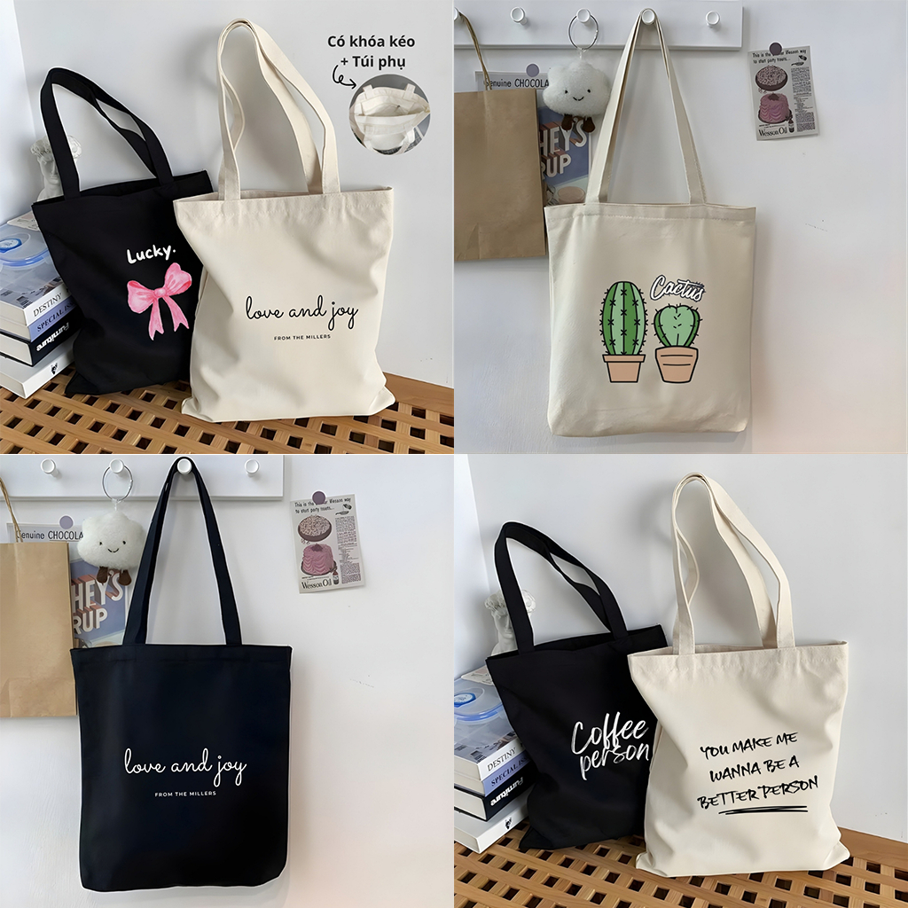 Túi vải tote có khóa kéo,ngăn phụ nhiều hình thời trang túi tote đeo vai dễ thương hottrend đựng vừa A4 35x40cm tota0311