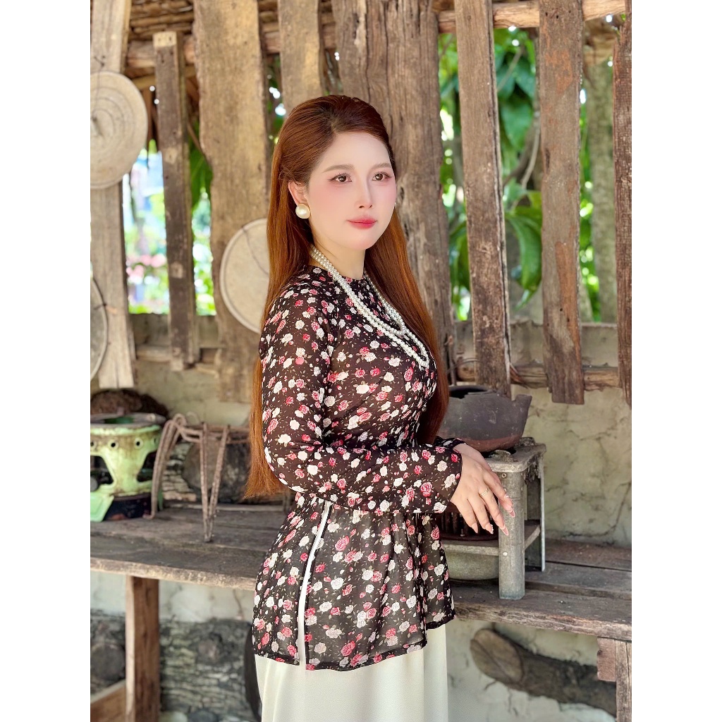 Hân Nguyễn Áo Bà Ba - B.A186 – Áo Bà Ba Voan Chiffon Hoa Nhí Mùa Hè Cổ Tròn Dây Kéo Nút Bọc Nụ Tay Dài (Quần Ngọc Trai)