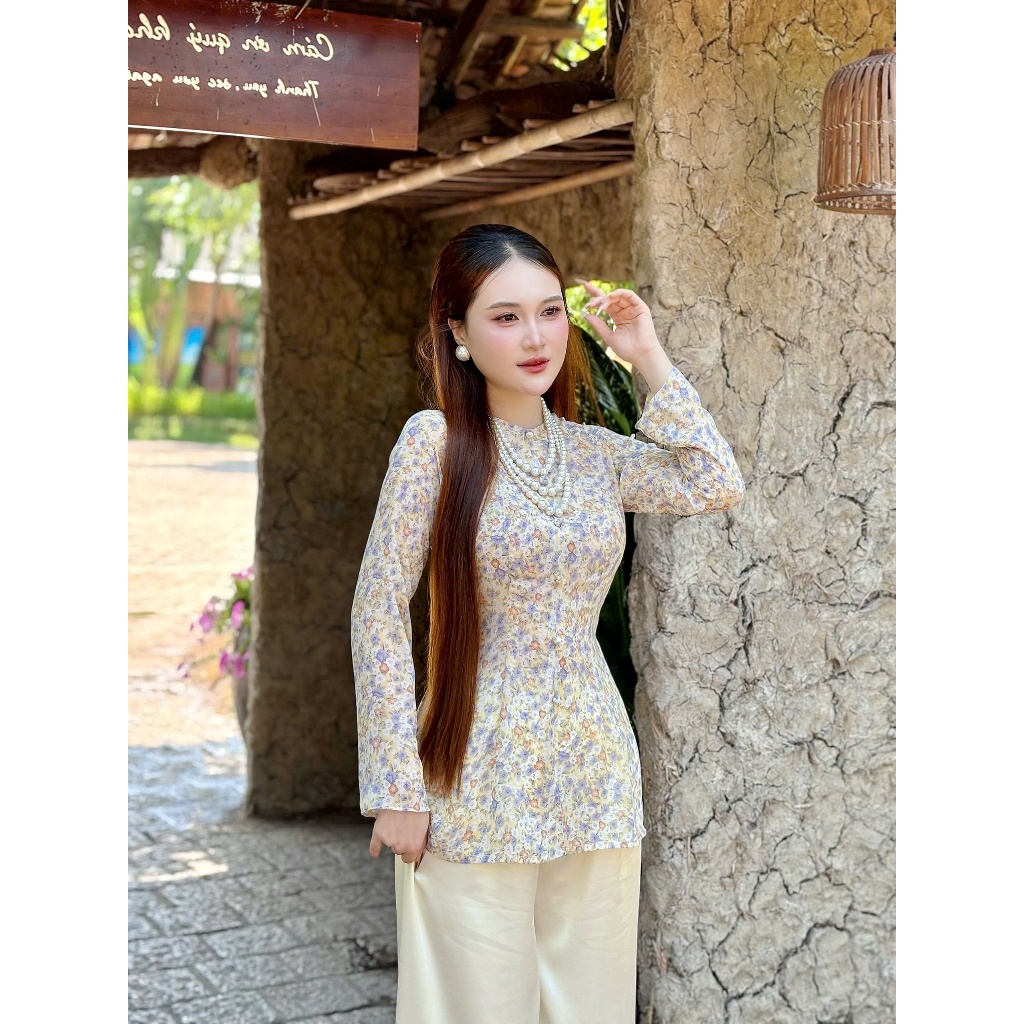 B.a186 – ÁO BÀ BA VOAN CHIFFO HOA NHÍ MÙA HÈ CỔ TRÒN DÂY KÉO NÚT BỌC NỤ TAY DÀI QUẦN NGỌC TRAI