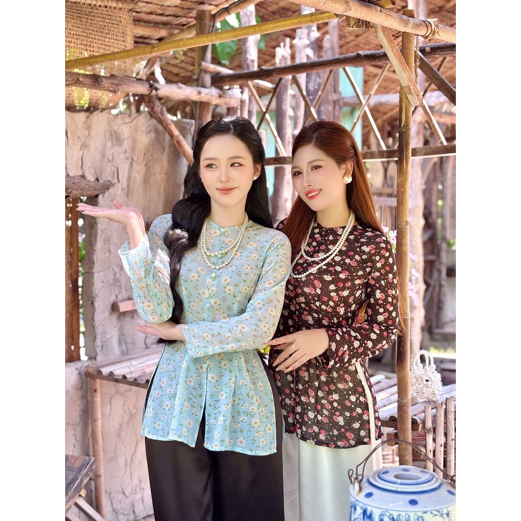 B.a186 – ÁO BÀ BA VOAN CHIFFO HOA NHÍ MÙA HÈ CỔ TRÒN DÂY KÉO NÚT BỌC NỤ TAY DÀI QUẦN NGỌC TRAI