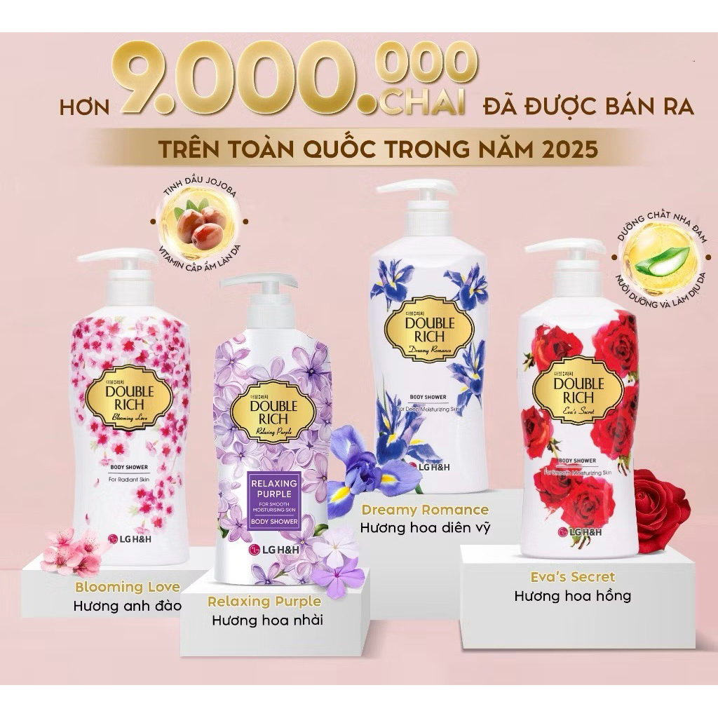Sữa Tắm Double Rich 550g, 800g - Hàn Quốc - Hoa hồng, anh đào, iris