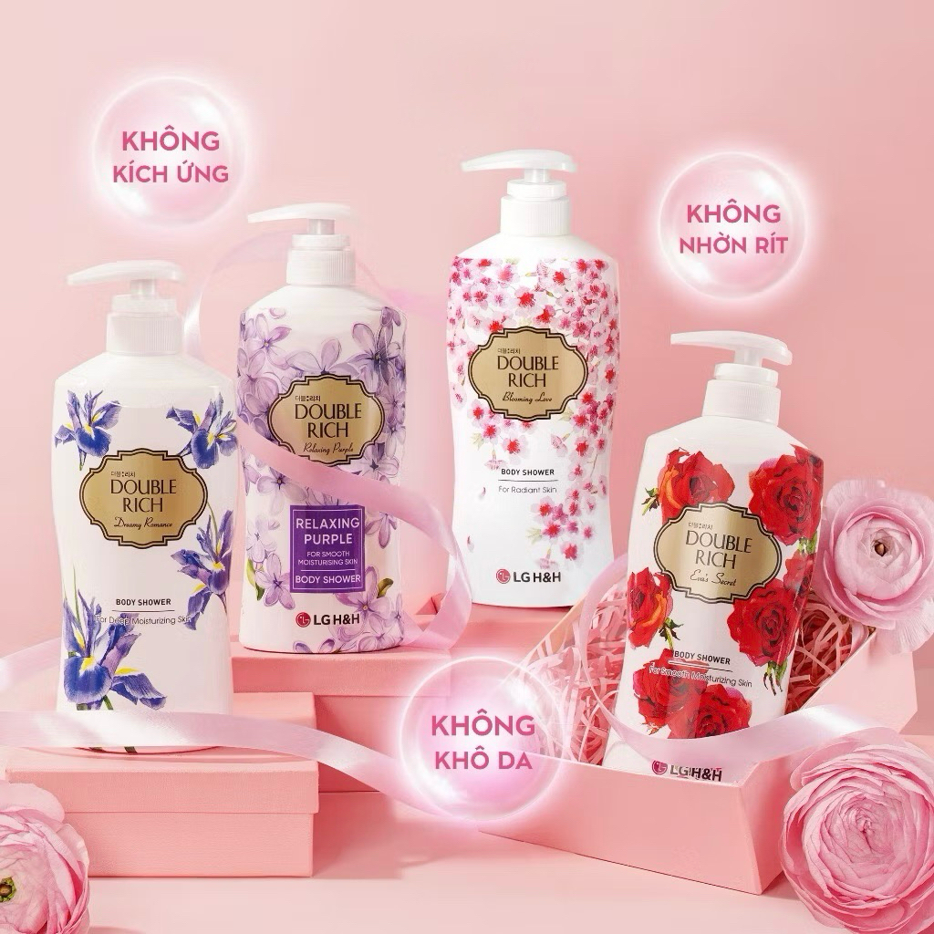 Sữa Tắm Double Rich 550g, 800g - Hàn Quốc - Hoa hồng, anh đào, iris