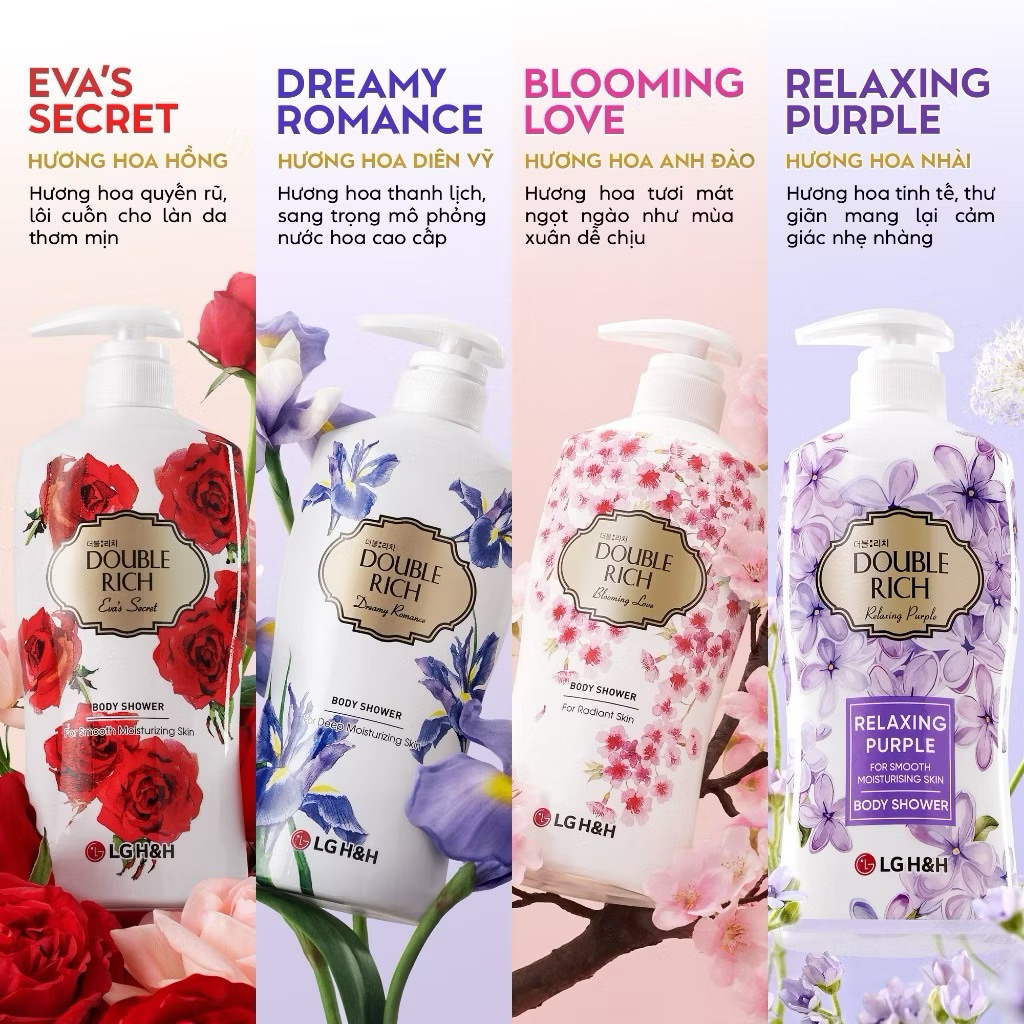 Sữa Tắm Double Rich 550g, 800g - Hàn Quốc - Hoa hồng, anh đào, iris