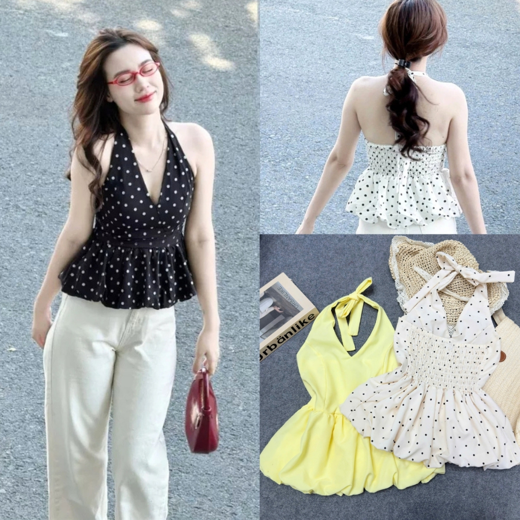 Áo Yếm Bigsize Nữ Nhún Chun Lưng Họa Tiết Chấm Bi Dễ Thương Form Peplum Tôn Dáng (55-90kg) A193