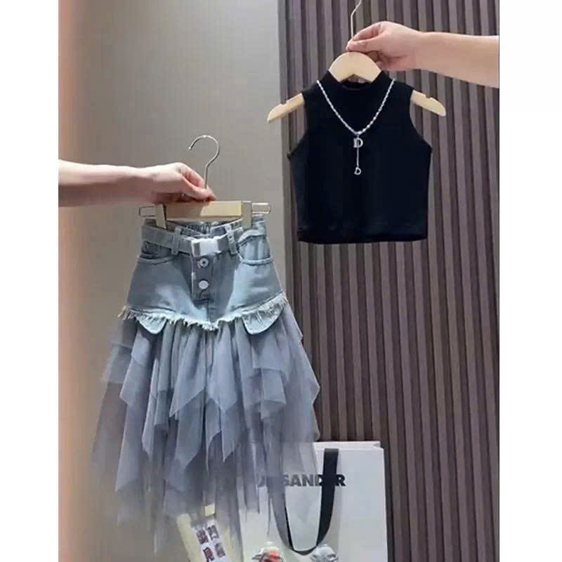 Set bé gái áo sát nách kèm chân váy jeans phối voan tầng Phong cách dễ thương cá tính mẹ bé diện mặc đi chơi, chụp ảnh