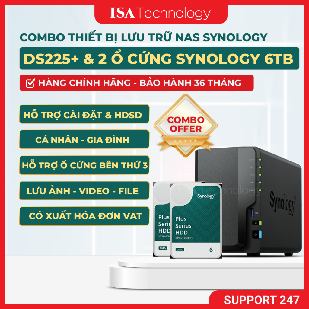 NAS Synology DS225+ thiết bị lưu trữ mạng 2 bay và 2 ổ cứng HDD SATA ...
