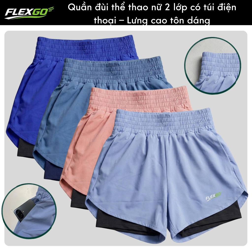 (Hỏa tốc HCM)Quần Đùi Thể Thao Nữ  2 Lớp Có Túi Điện Thoại Lưng Co Giãn Quần Short Gym Yoga Chạy Bộ Nữ Form Đẹp Flexgo