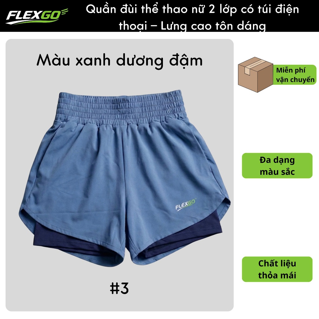 (Hỏa tốc HCM)Quần Đùi Thể Thao Nữ  2 Lớp Có Túi Điện Thoại Lưng Co Giãn Quần Short Gym Yoga Chạy Bộ Nữ Form Đẹp Flexgo