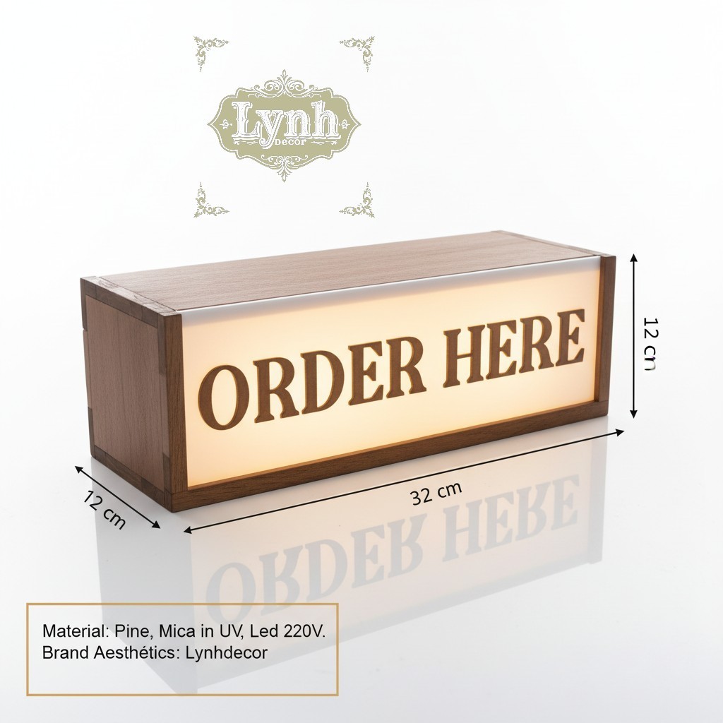 Hộp đèn Order Here chất liệu Gỗ Thông đèn led, in UV cắt laser logo miễn phí thiết kế - LynhDecor