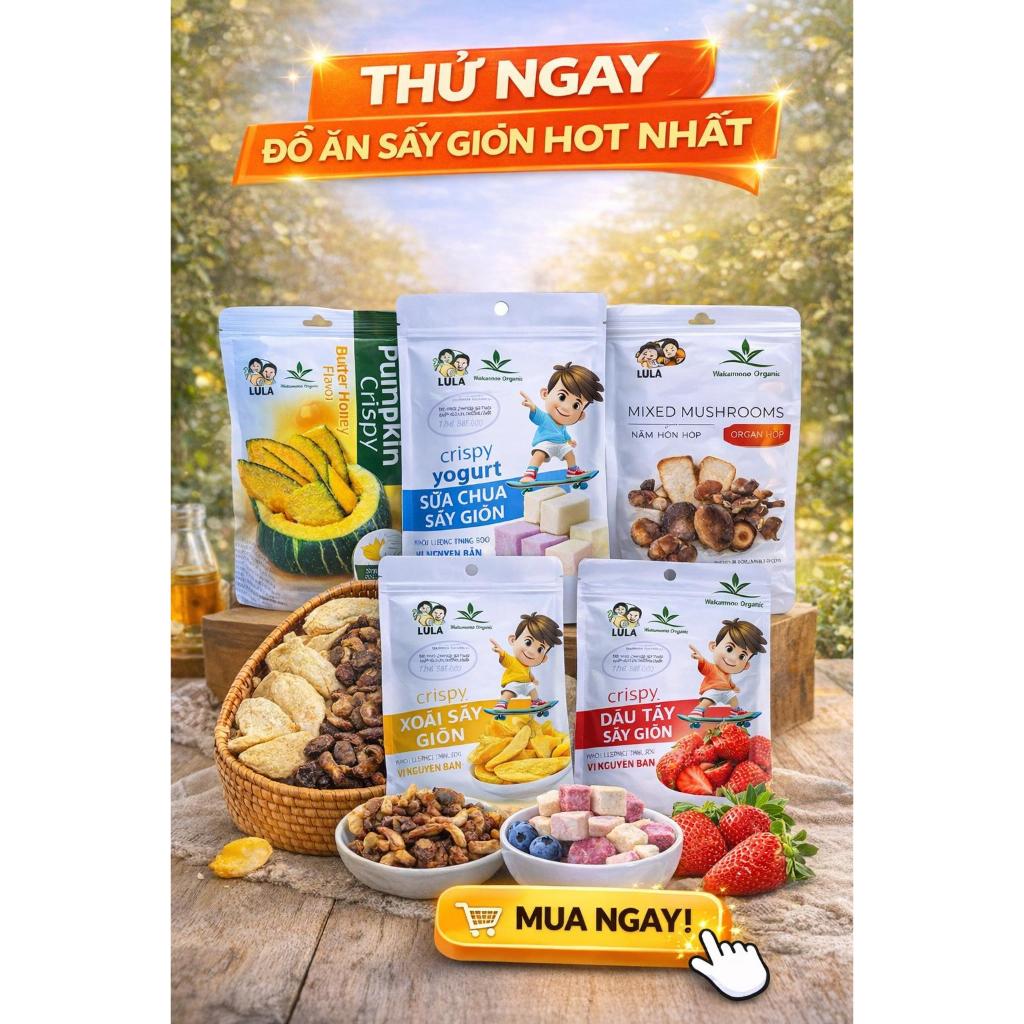 Trái cây-rau củ sấy giòn Wakamono Organic, Ăn vặt healthy, Giòn rụm từng miếng