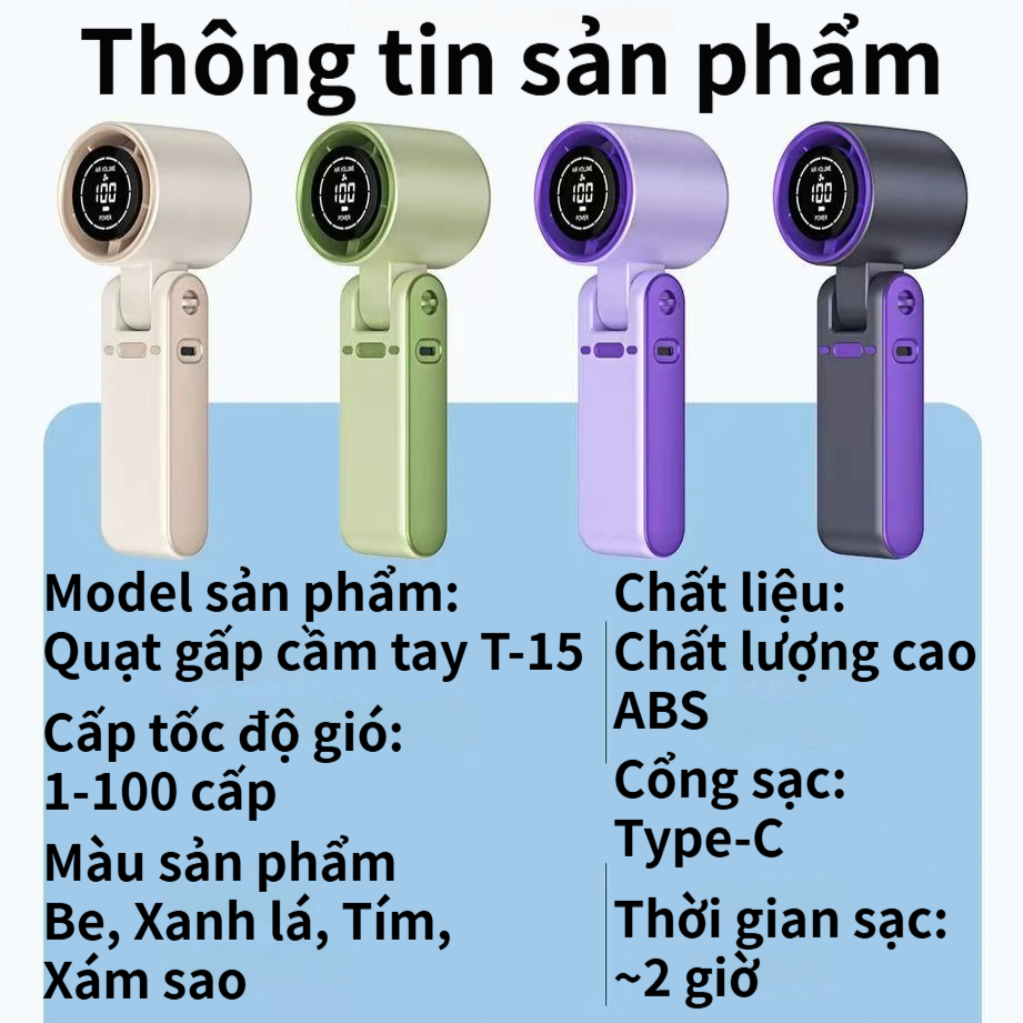 Quạt cầm tay gấp T15, 100 cấp gió, tăng áp tuabin, màn hình LED, sạc USB, pin lớn 5000mAh, gập xoay 170°