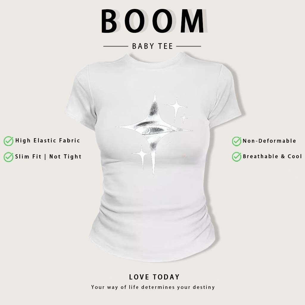 BOOM Áo Baby Tee Nữ Cotton Ôm Body-Áo Thun Ngắn Tay Y2K In Hình PhongCách Mùa Hè, Cổ Tròn Hàng Đầucách hàn quốc phong#07