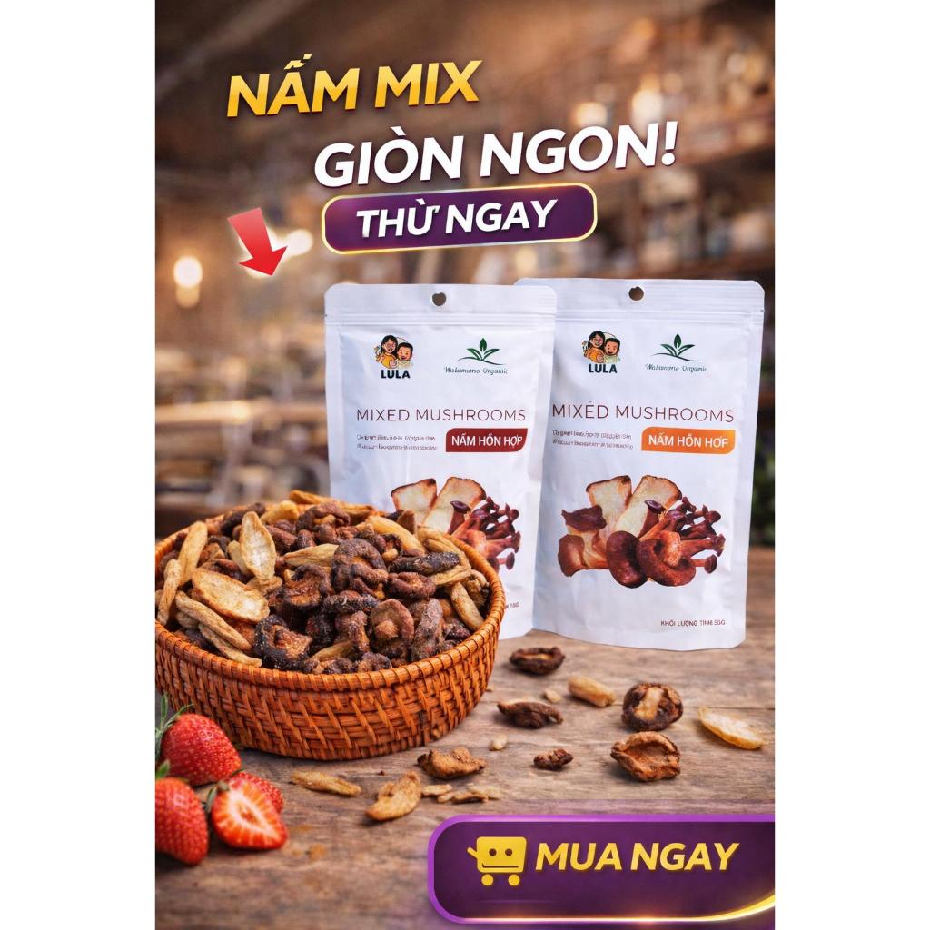 Nấm hỗn hợp vị nguyên bản sấy giòn Wakamono Organic 55g/gói, không dầu, ăn vặt healthy giòn rụm, ăn ngon..