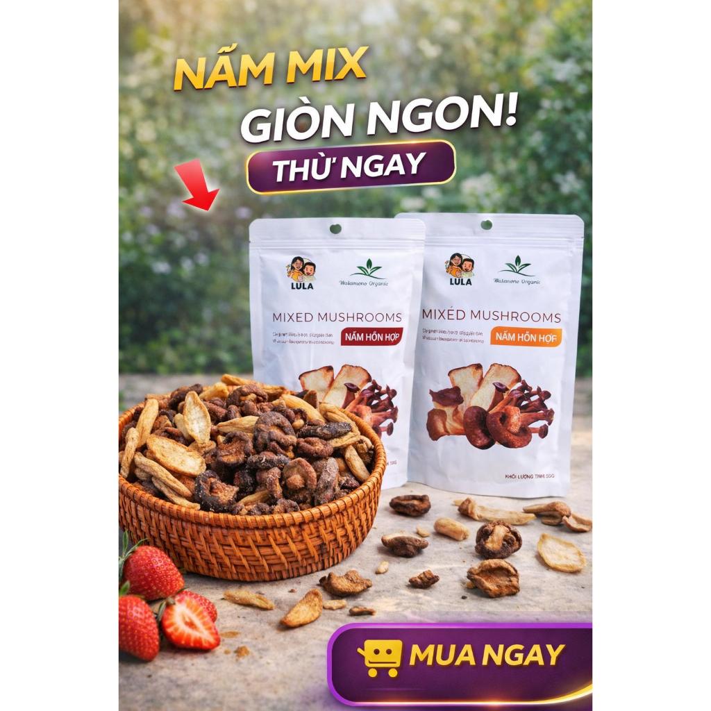 Nấm mix sấy giòn Wakamono Organic 55g/gói – Không dầu, snack ăn vặt healthy giòn rụm, ngọt tự nhiên.