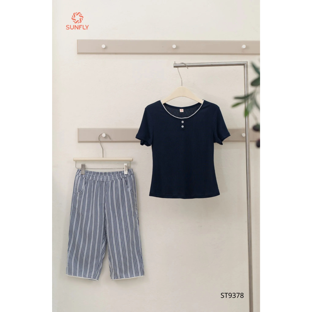 ST9378 Đồ bộ mặc nhà nữ áo cotton thông hơi cộc tay quần ngố kate