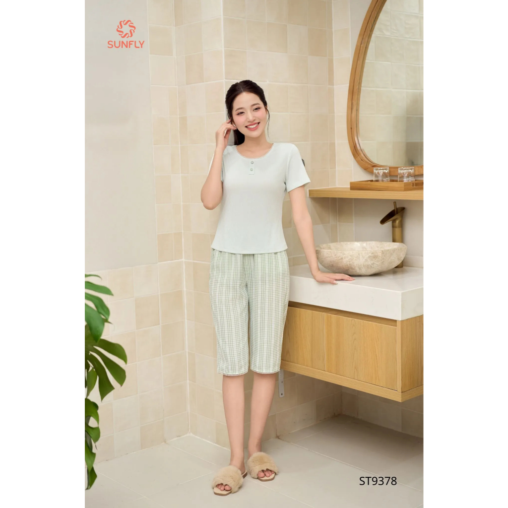 ST9378 Đồ bộ mặc nhà nữ áo cotton thông hơi cộc tay quần ngố kate