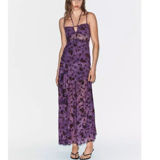 Đầm Zara made in Morocco ren voan hoa tím 2 dây midi lady quyến rũ
