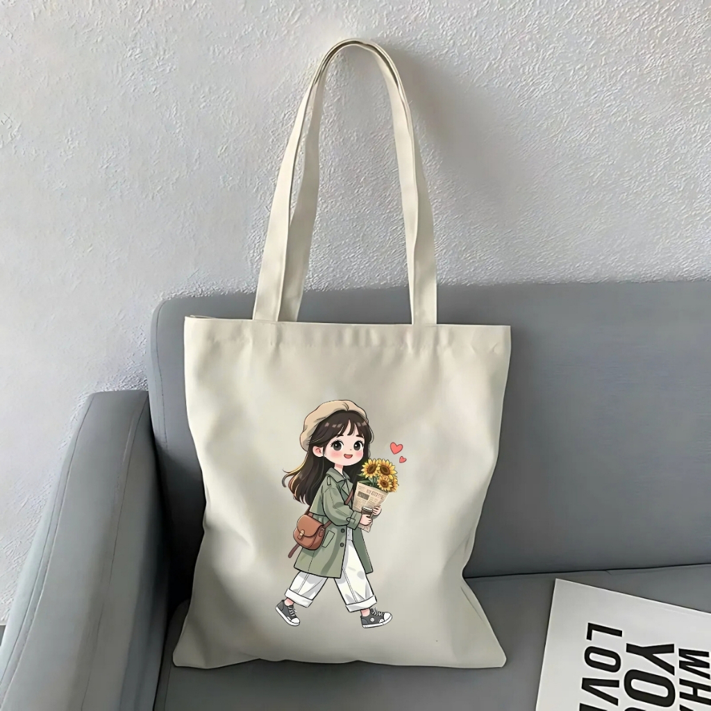 Túi vải tote hình cô gái hot trend khóa kéo, ngăn phụ thời trang túi tote dễ thương đựng vừa A4 35x40cm tota0312