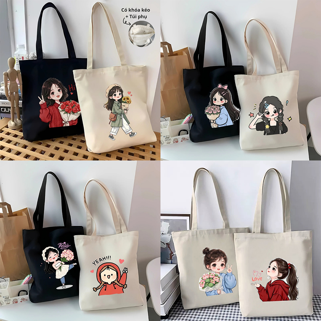 Túi vải tote hình cô gái hot trend khóa kéo, ngăn phụ thời trang túi tote dễ thương đựng vừa A4 35x40cm tota0312