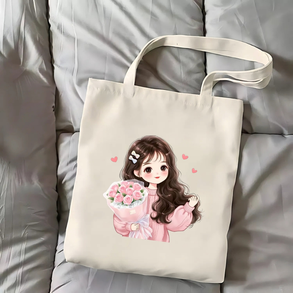 Túi vải tote hình cô gái hot trend khóa kéo, ngăn phụ thời trang túi tote dễ thương đựng vừa A4 35x40cm tota0312