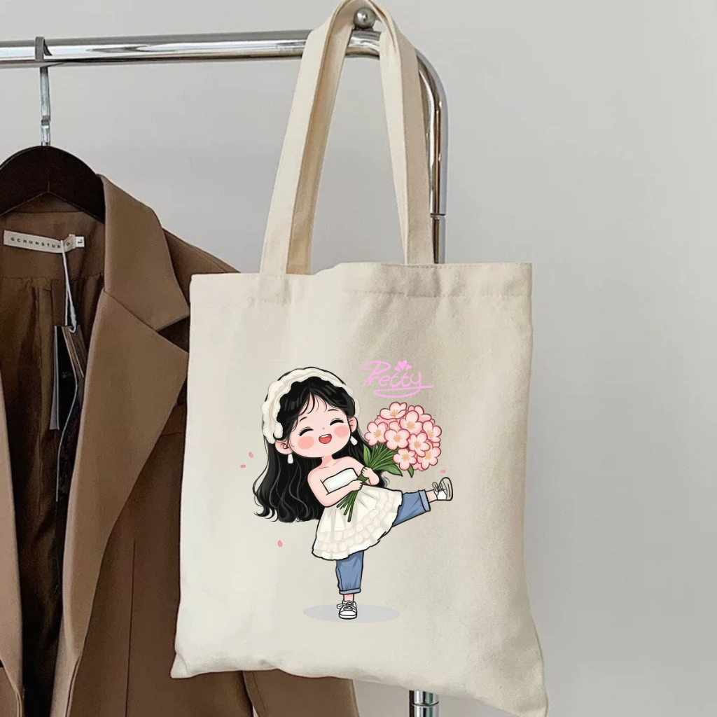 Túi vải tote hình cô gái hot trend khóa kéo, ngăn phụ thời trang túi tote dễ thương đựng vừa A4 35x40cm tota0312