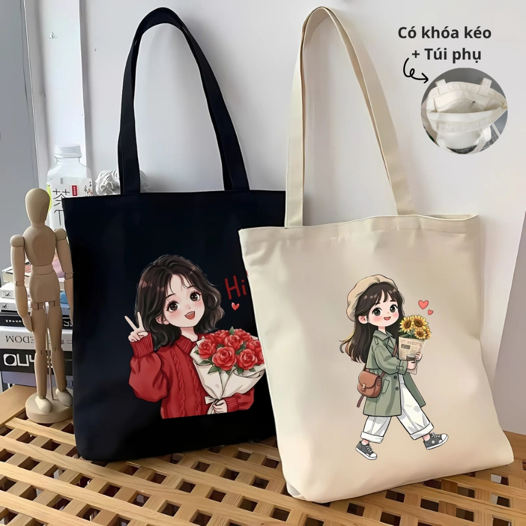 Túi vải tote hình cô gái hot trend khóa kéo, ngăn phụ thời trang túi tote dễ thương đựng vừa A4 35x40cm tota0312