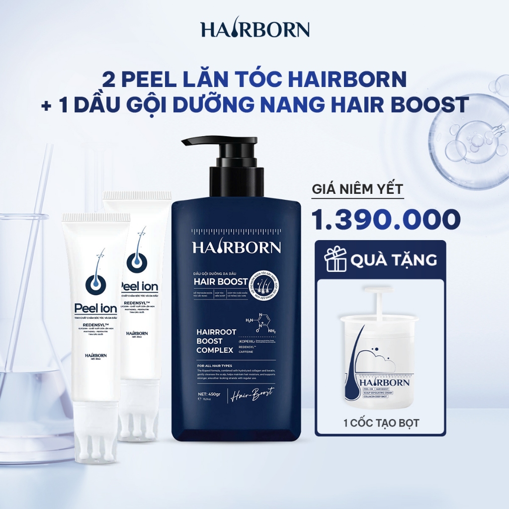 Combo Giảm Rụng và Hỗ Trợ Mọc Tóc gồm 1 Dầu Gội 450g và 2 tuýp Lăn Tóc 60g/tuýp Hairborn tặng Cốc tạo bọt