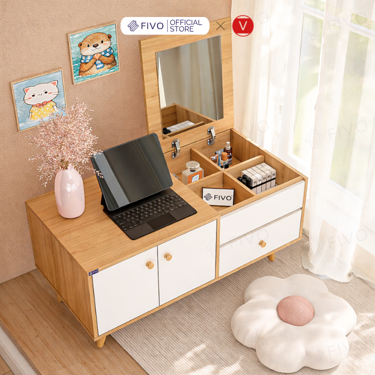 Bàn Trang Điểm Ngồi Bệt Kèm Gương Đa Năng FV02 FIVO, Làm Bàn Học Tủ Đầu Giường, Hộc Kéo Rộng Rãi, Thiết Kế Không Lộ Vít