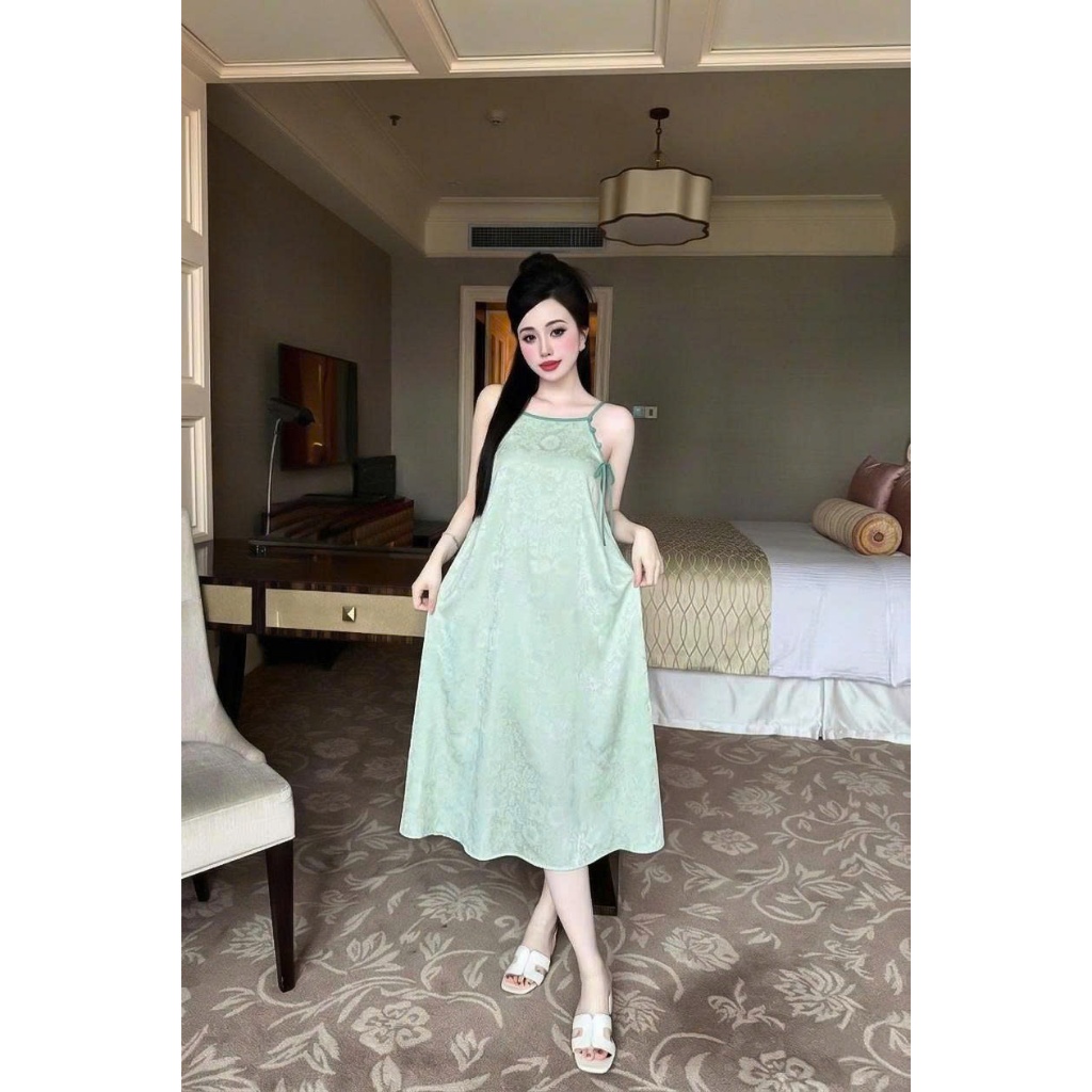 Đầm ngủ hai dây nữ Vy Linh chất liệu gấm họa tiết hoa lá (TÙY LÔ) xinh xắn thoáng mát, mềm mại S1324