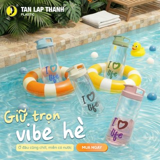 Bình nước trái tim Tân Lập Thành 1.2L/1.6L, bình nước nhựa tone nhật an toàn bền đẹp màu pastel